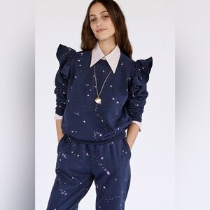 Clare V | Long Sleeve Ruffle Paint Splash Print Sweatshirt Navy/Lavender XS